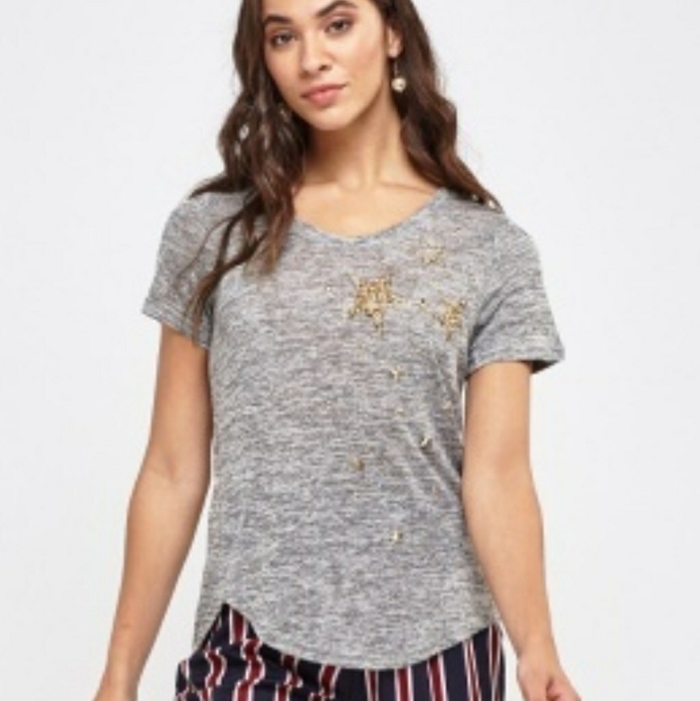 LUZABELLE PARIS soft gray tee bead and stud accents  Small Med. Lg. XL
